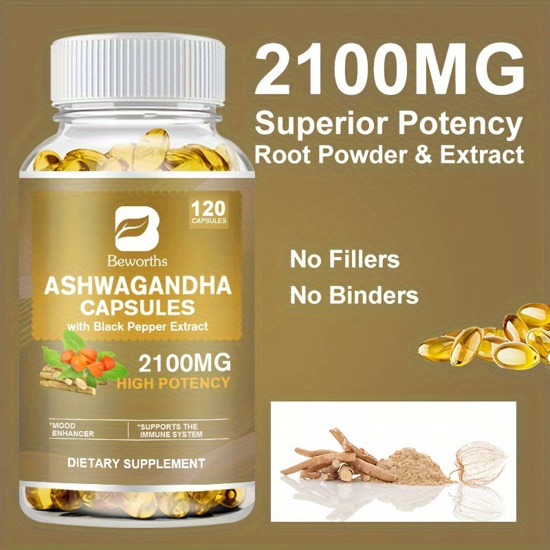 Worths Ashwagandha Capsules 1300mg with Black Pepper - Energy Support for Men & Women, 120 Capsules