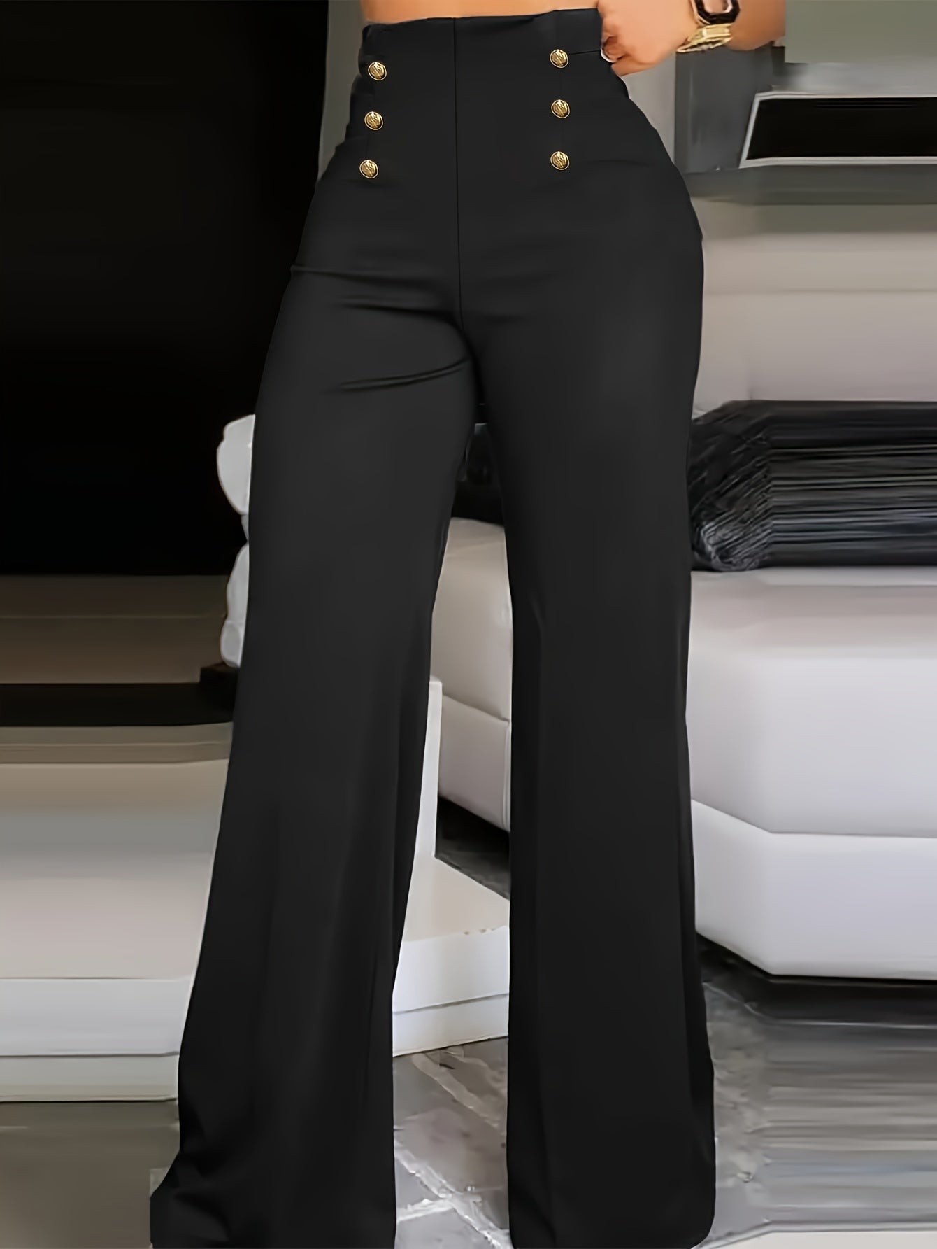 Elegant Women's High-Waist Flare Pants with Double Button Detail - Stretchy Polyester Blend, Machine Washable - Versatile Solid Color for All Seasons