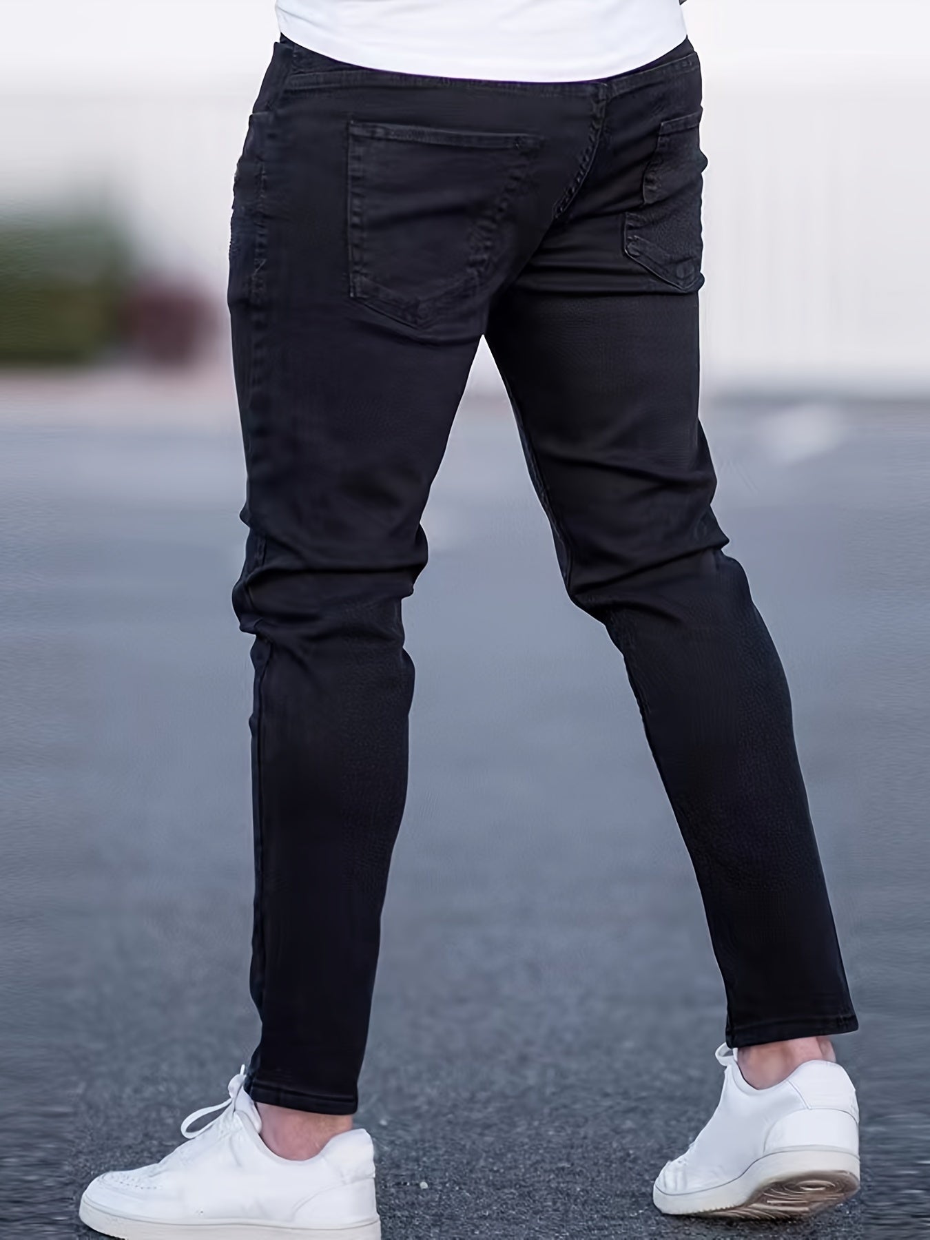Slim Fit Cotton Jeans, Men's Casual Street Style Solid Color Mid Stretch Denim Pants For Spring Summer