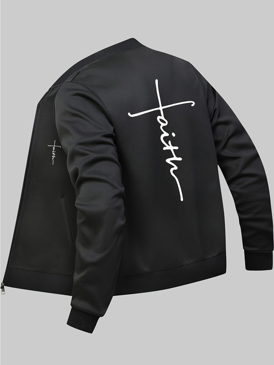 Trendy Men's Letter Cross Print Varsity Zip-Up Jacket with Pockets