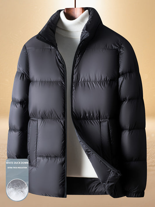 FORTEI Men's White Duck Down Full-Zip Jacket - Heavy-Duty Winter Coat with Stand Collar, Hood-like Hooded Back & Full-Zip Closure, Loose-Fit Puffer Vest for Airplane, Car, Commute - Hand Washable Outerwear (No Dry Clean) Konno Toki