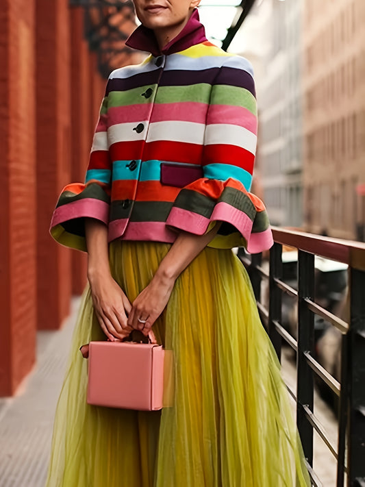 Female Vintage Multi-Colored Striped Lapel Elegant Jackets 2024 New Flared Sleeves Party Evening Banquet Outerwears Konno Toki
