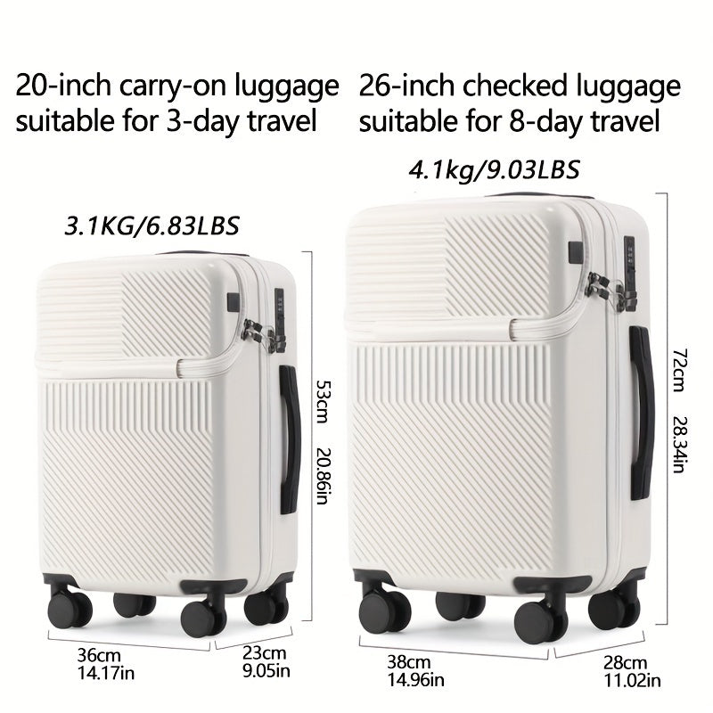Versatile Luggage Airline Approved Boarding Case With Front Pocket, Water Cup Holder, TSA Lock, Durable, Quiet Universal Wheels, Telescopic Pull Rod, USB Charging Port, Sturdy Travel Carry-on Suitcase, Hard Shell Trolley Travel Case 1pc 20/26inch