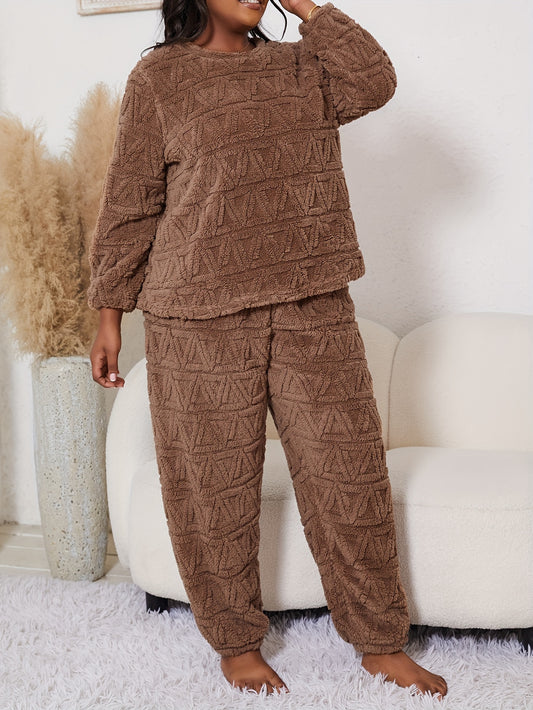 Women's Casual Comfy Pajama Set, Plus Size Solid Jacquard Long Sleeve Warm Flannel Top & Pants Home Wear 2 Piece Set For Fall & Winter