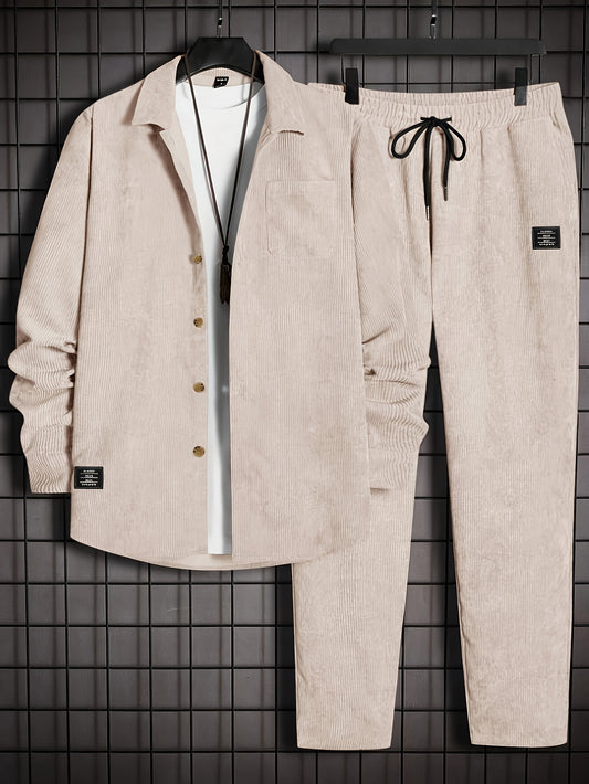 2pcs 2-Piece Men's Corduroy Suit: Long Sleeve Button-Up Shirt & Drawstring Pants, Autumn/Winter Classic Business Casual Wear