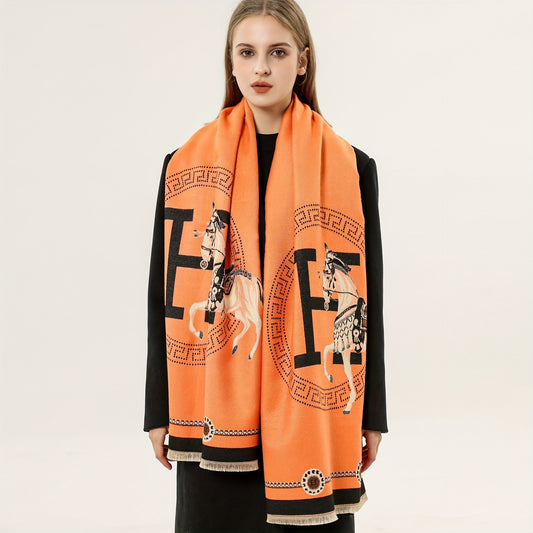 Vintage Style Viscose Blend Shawl with Equestrian and Letter H Jacquard, Animal Pattern, Fringe Trim, Decorative Warm Wrap for Casual Weekend - 70% Viscose, 30% Polyester, Hand Wash - Windproof and Warm Accessory