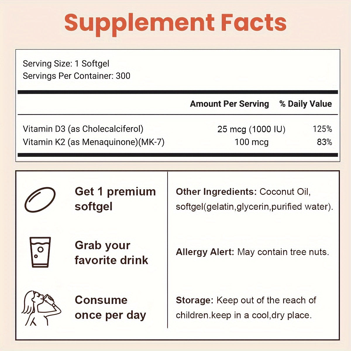 Vitamin D3K2, 300 Virgin Coconut Oil Softgels, 2 In 1 Vitamins D & K Complex, Supports Calcium Absorption, Bone, Easy To Swallow, Your Wellness Routine