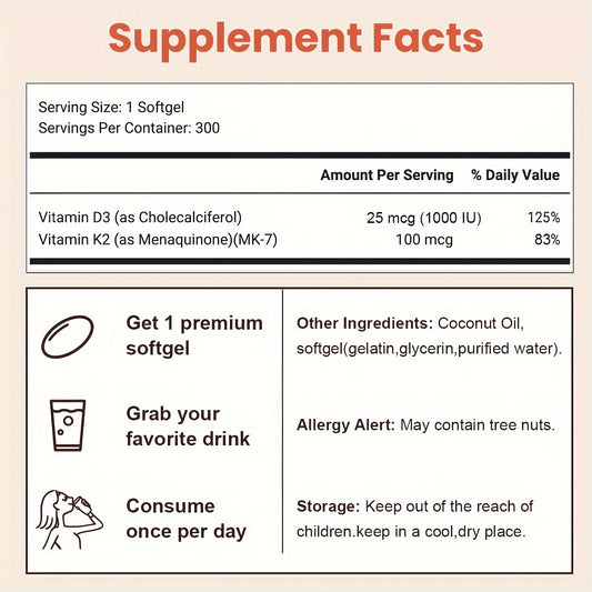 Vitamin D3K2, 300 Virgin Coconut Oil Softgels, 2 In 1 Vitamins D & K Complex, Supports Calcium Absorption, Bone, Easy To Swallow, Your Wellness Routine