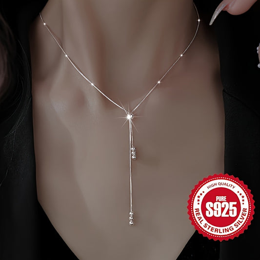925 Sterling Silver Y-Necklace: Elegant and Adjustable Slider with Bead - Classic and Simple Design - Suitable for Casual Attire or Vacation - Ideal Christmas Gift