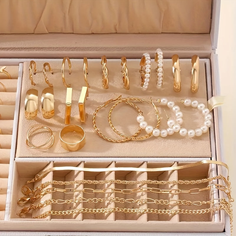 Must Have 54-Piece Elegant Gold-Tone Jewelry Set for Women - Includes Faux Pearl Embellishments, Variety of Hoops, Rings, Bracelets, Snake Chain Design - Simple & Vacation Style, Ideal for Daily & Party Occasions