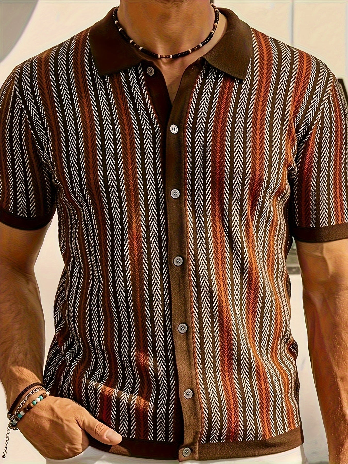 European And American Thick Men's High-quality Retro Striped Jacquard Craftsmanship Casual Thick Short Sleeved Single Breasted Cardigan Sweater Shirt Konno Toki