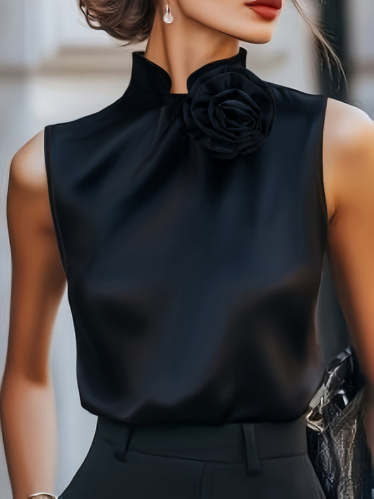Elegant Solid Color Sleeveless Shirt with 3D Floral Design | Stand Collar, Versatile for All Seasons, Women'S Shirting - ZLLZ Konno Toki