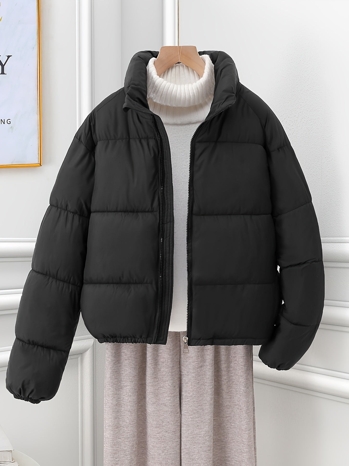Solid Color Zip-up Soft Puffer Jacket Coat, Casual Long Sleeve Warm Outerwear For Winter, Women's Clothing Great Gift Idea