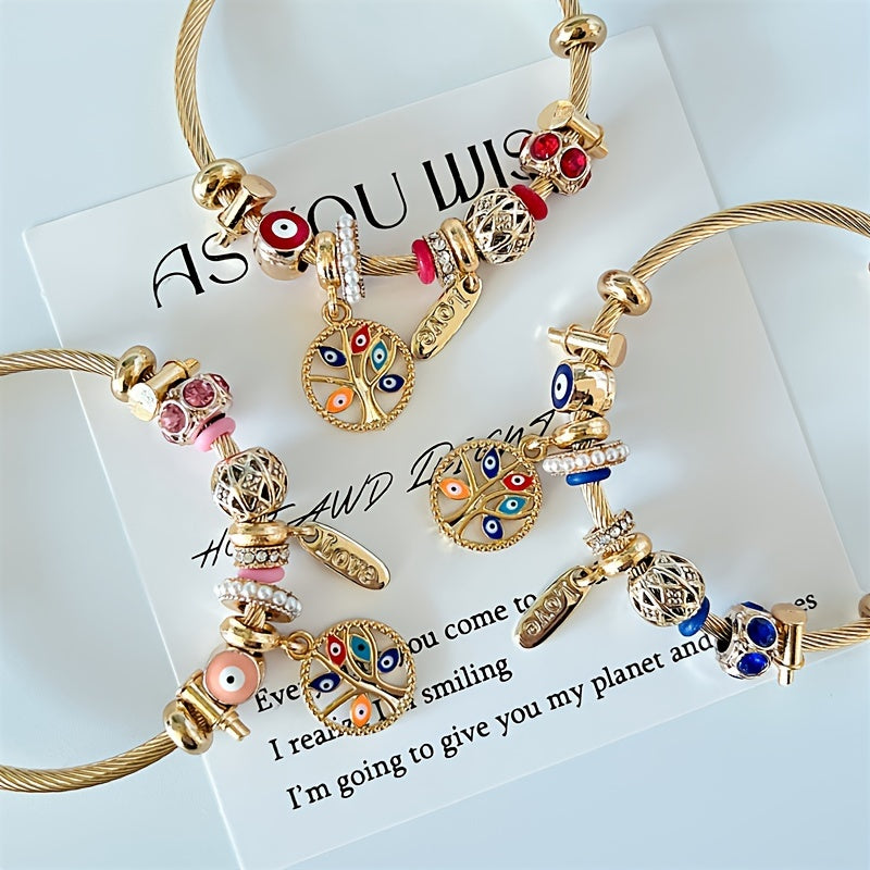 Vintage Titanium Steel Bangle Bracelet with Synthetic zirconia Charms