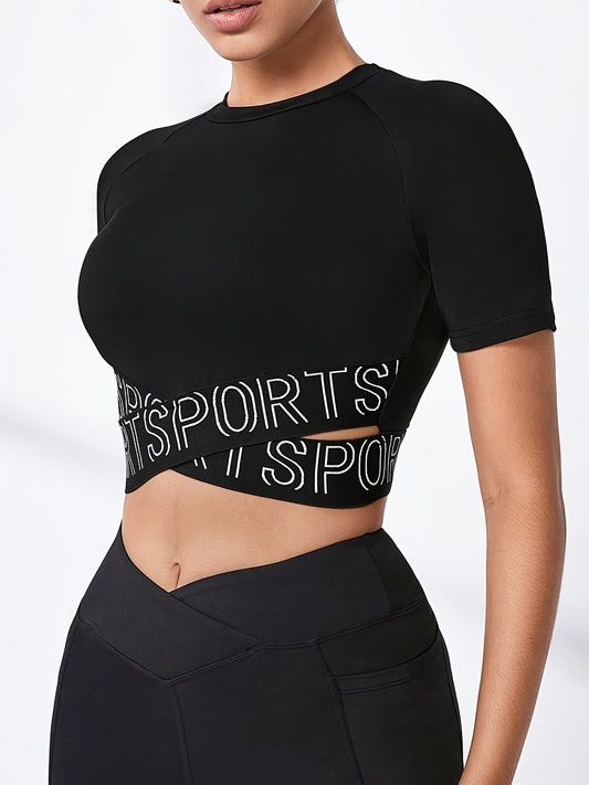 Women's Cross, Letter Print, Crop, Back Cut Out Top, Breathable