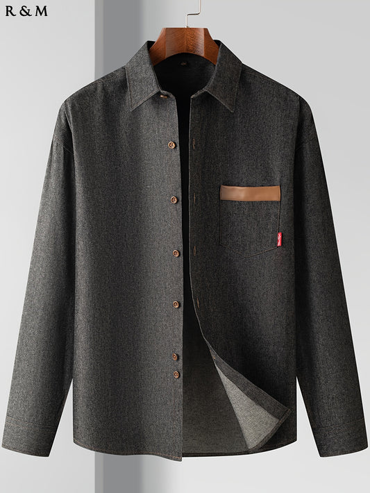 ROMON Men's 100% Cotton Color Blocking Splicing Long Sleeve Shirt For Winter And Fall, Casual Retro Denim Shirt As Gift