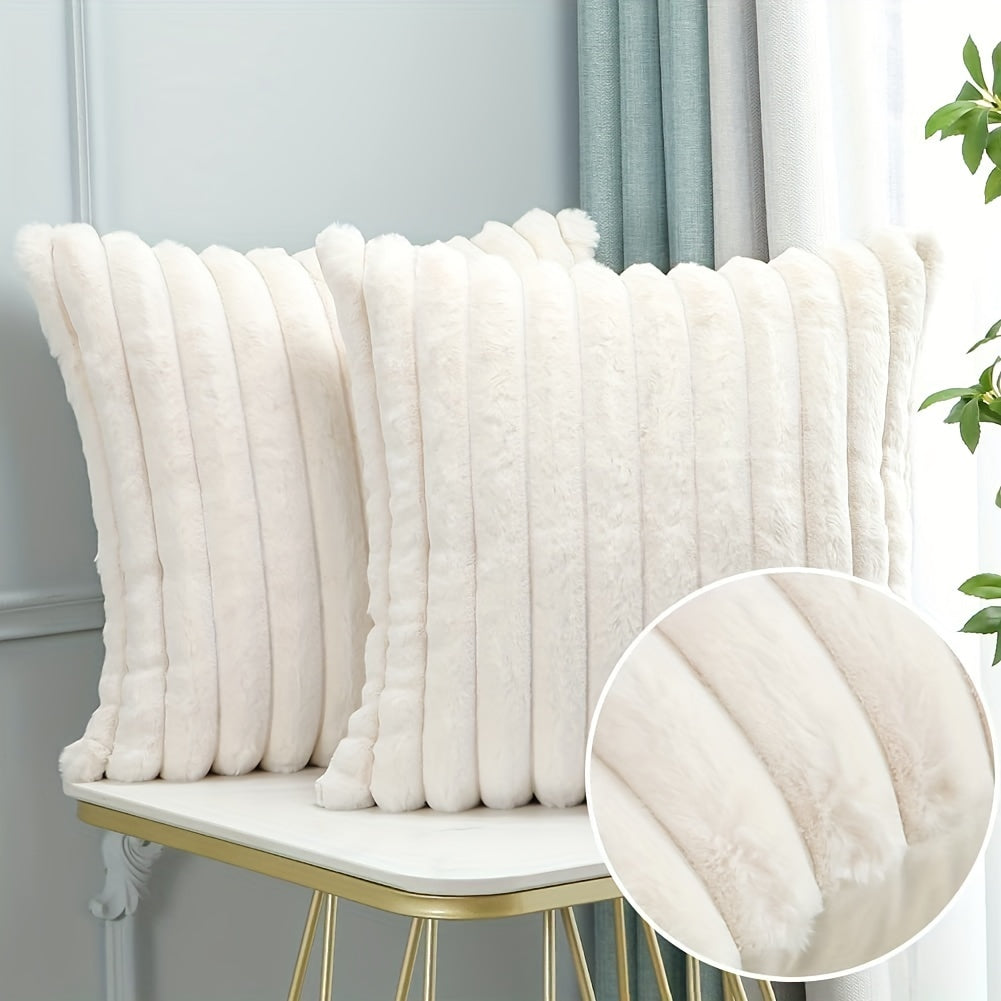 Off White Striped Faux Fur Throw Pillow Covers, 2-Pack, Plush Decorative Pillowcases for Sofa, Couch, Bedroom