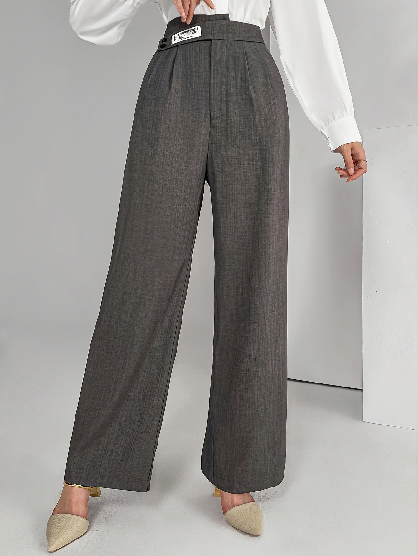 Women's Avantgarde High-Waisted Wide Leg Trousers with Button Detail - 100% Polyester Solid Color All-Season Fashionable Pants
