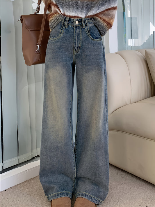 Vintage-Inspired Washed Blue Wide Leg Jeans for Women - Casual Loose Fit, Slimming Straight-Leg Denim Pants with Button Detail, Cotton and Polyester Blend, Machine Washable, Available in Asian Sizes XS to XXL