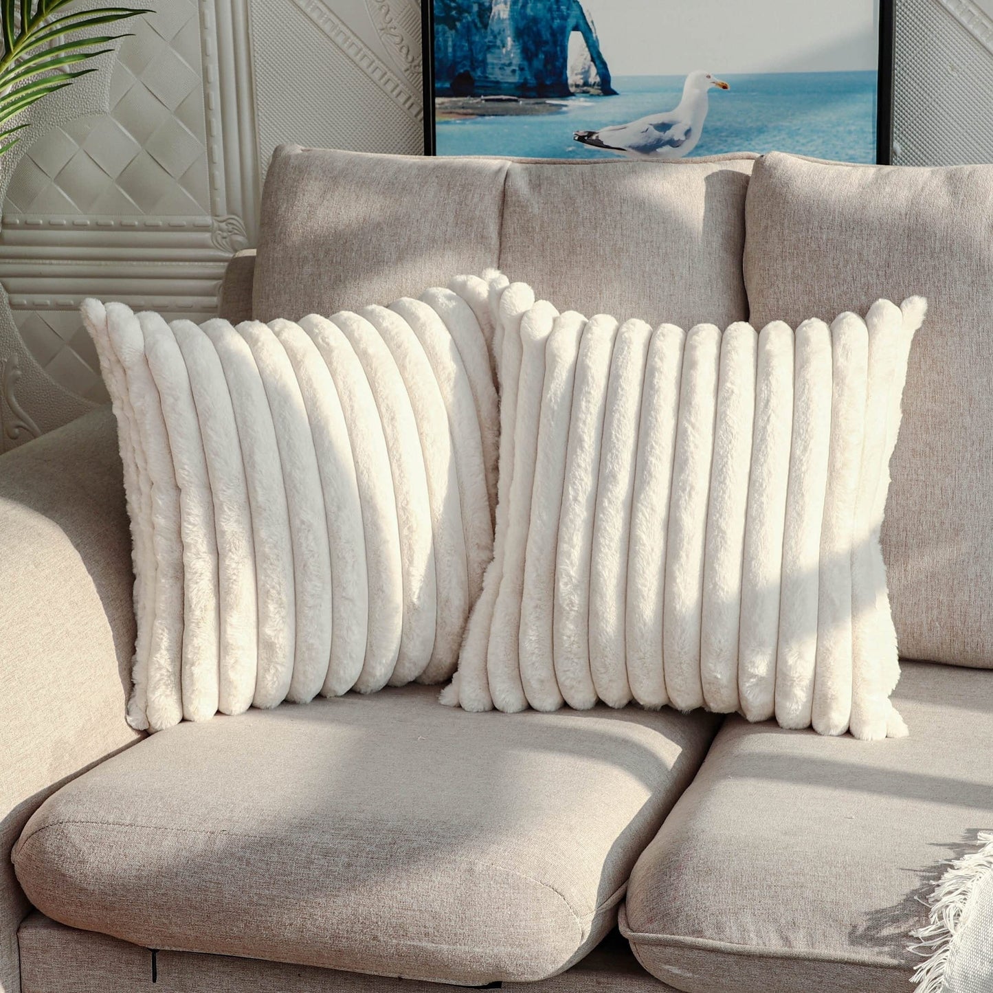 Off White Striped Faux Fur Throw Pillow Covers, 2-Pack, Plush Decorative Pillowcases for Sofa, Couch, Bedroom