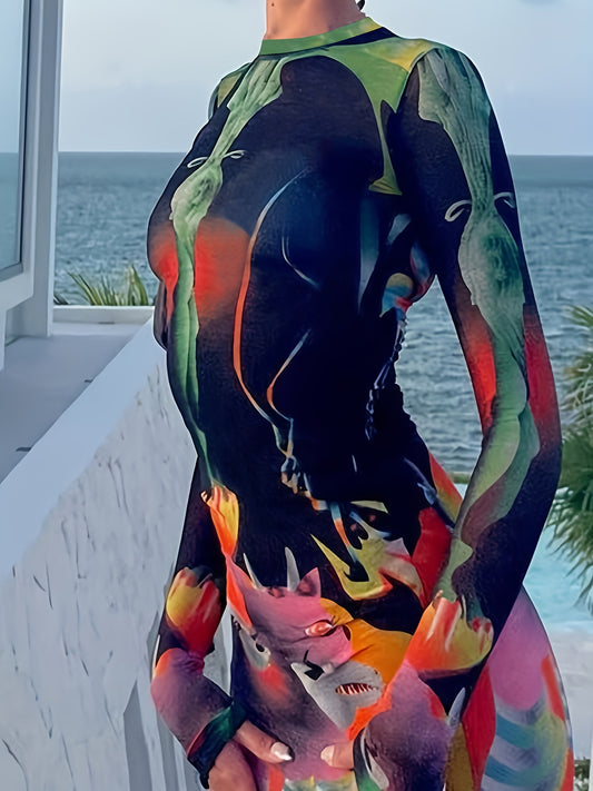 Abstract Print Bodycon Dress, Sexy Long Sleeve Maxi Dress, Women's Clothing