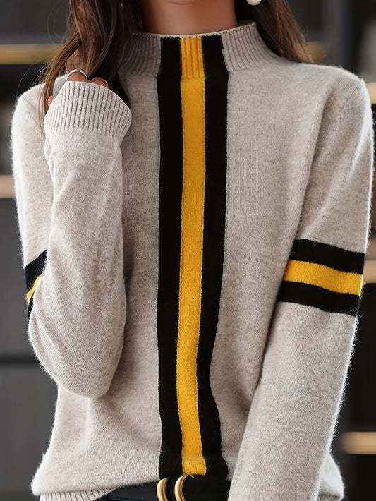 Elegant Striped Sweater Jacket - Beige/ with Black & Mustard Yellow Horizontal Stripes, Stand Collar Blazer, Slim-Fit Spring/Fall Coat for Casual & Professional Wear (Hand Wash/Dry Clean) Konno Toki