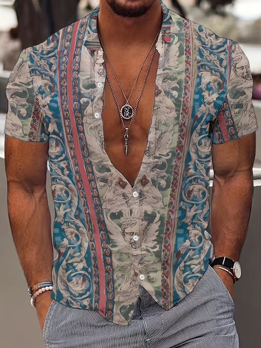 Retro Angles Pattern Button-Down Shirt for Men, Summer Casual Lapel Short Sleeve Shirt