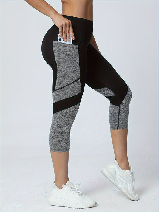 Women's Color Block High-Waisted Pocket Capris with Tummy Contro