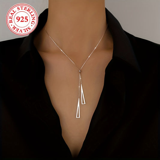 925 Sterling Silver Geometric Triangle Adjustable Pull-Chain Lariat Necklace -Elegant Minimalist Style