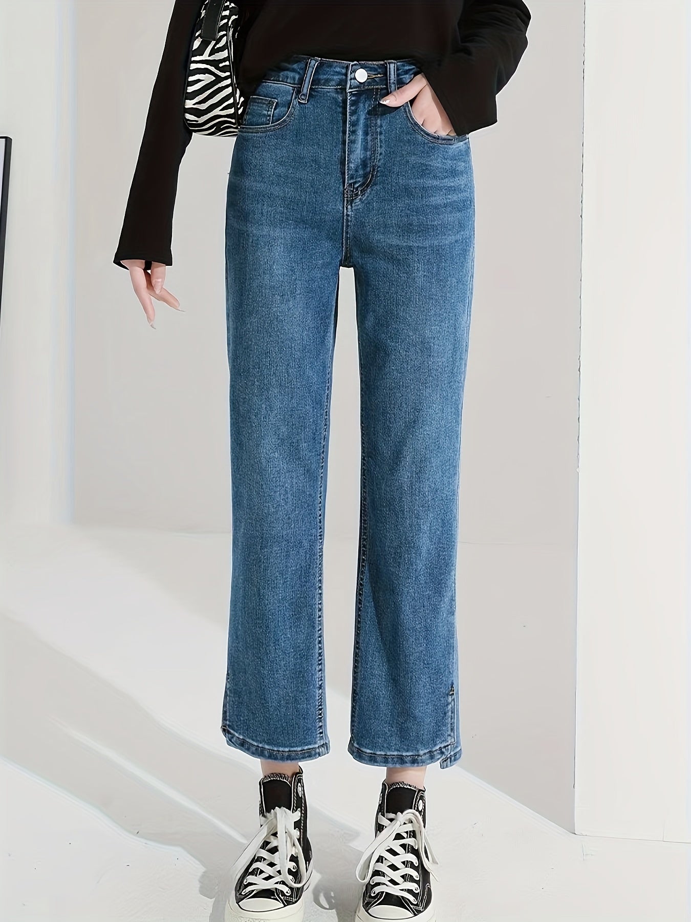 Women's High Waisted Straight Leg Jeans - Slight Stretch Denim with Split Hem Detail, Solid Color, Cropped Length, Comfort Cotton Blend Fabric (75.8% Cotton, 23.6% Polyester, 0.6% Elastane), All-Season Basics