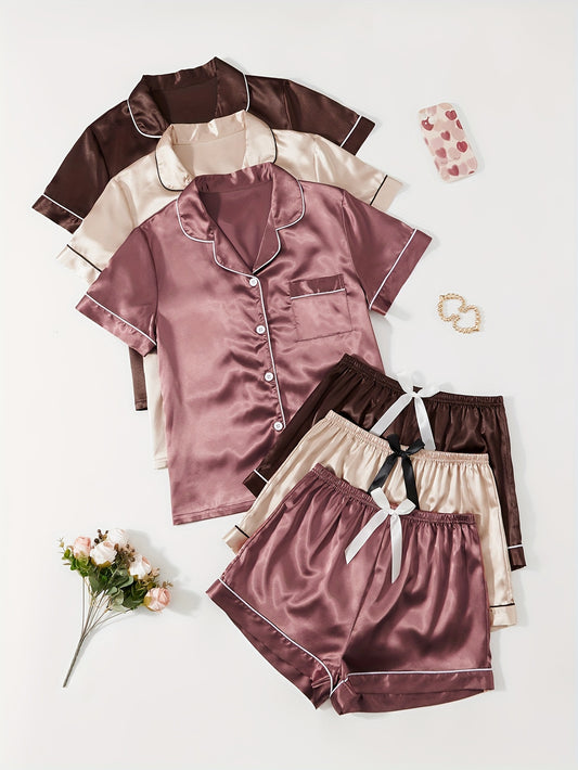 3 sets 2-Piece Women's Sexy Cozy Satin Pajama Set: Short Sleeve Button-Down Top & Shorts, Relaxed Fit, Summer Nightwear
