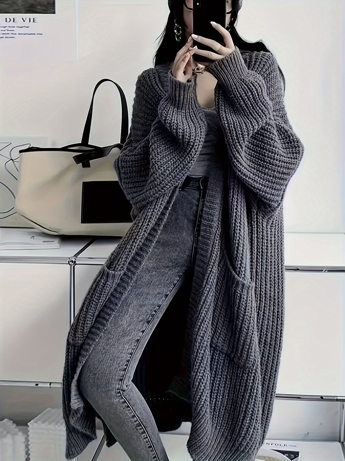 Oversize Open Front Knit Cardigan, Long Sleeve, Casual Loose Fit, Pockets, Women's Sweater Coat