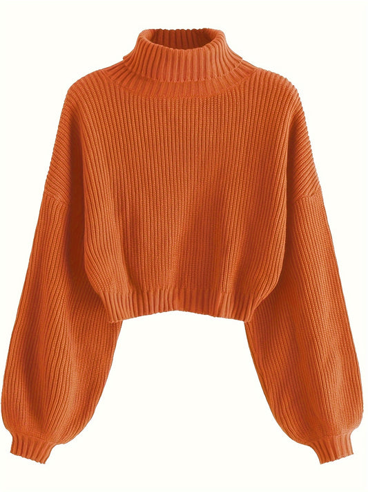 Women's Crew Neck Long Sleeve Pullover Crop Sweater Mock Neck Lantern Sleeve Ribbed Knit Jumper Sweater