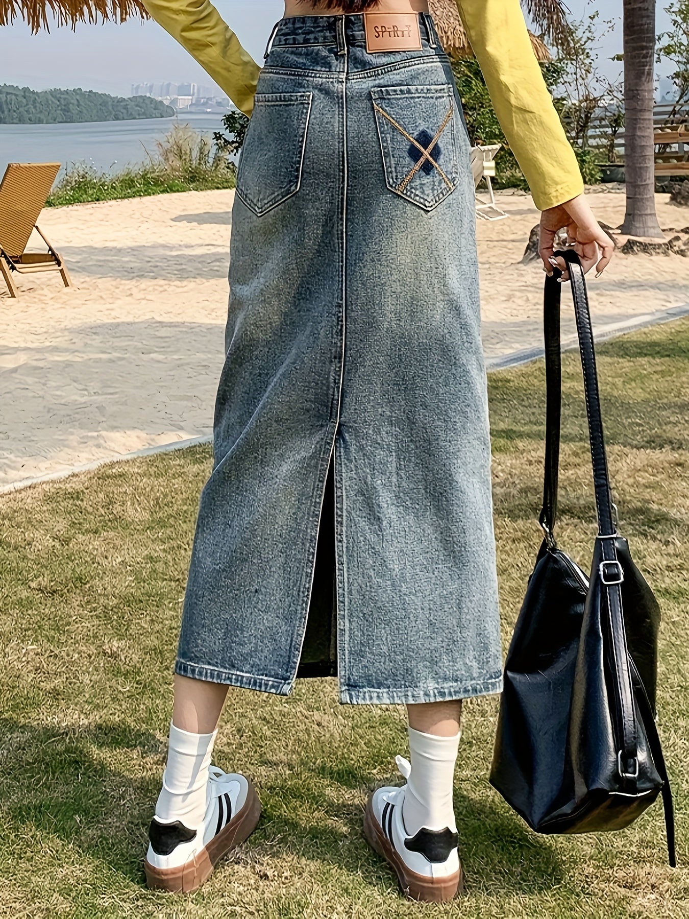 Women's High-Waisted A-Line Midi Denim Skirt, Retro Style, Plain Washed Blue Denim Skirt