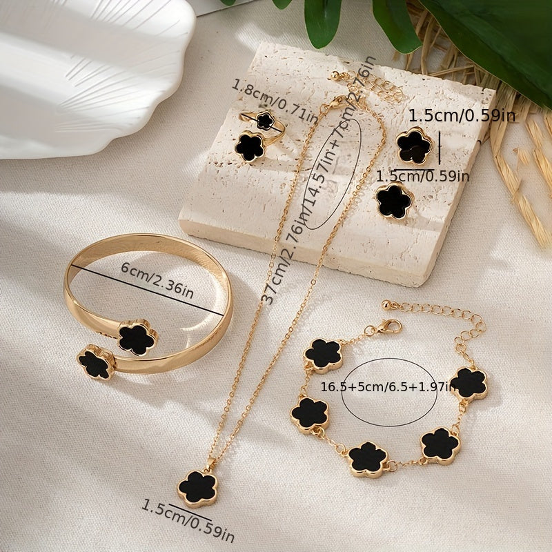 Trendy 5 Pc Clover Flower Set - Earrings, Necklace, Bracelet, Bangle and Ring