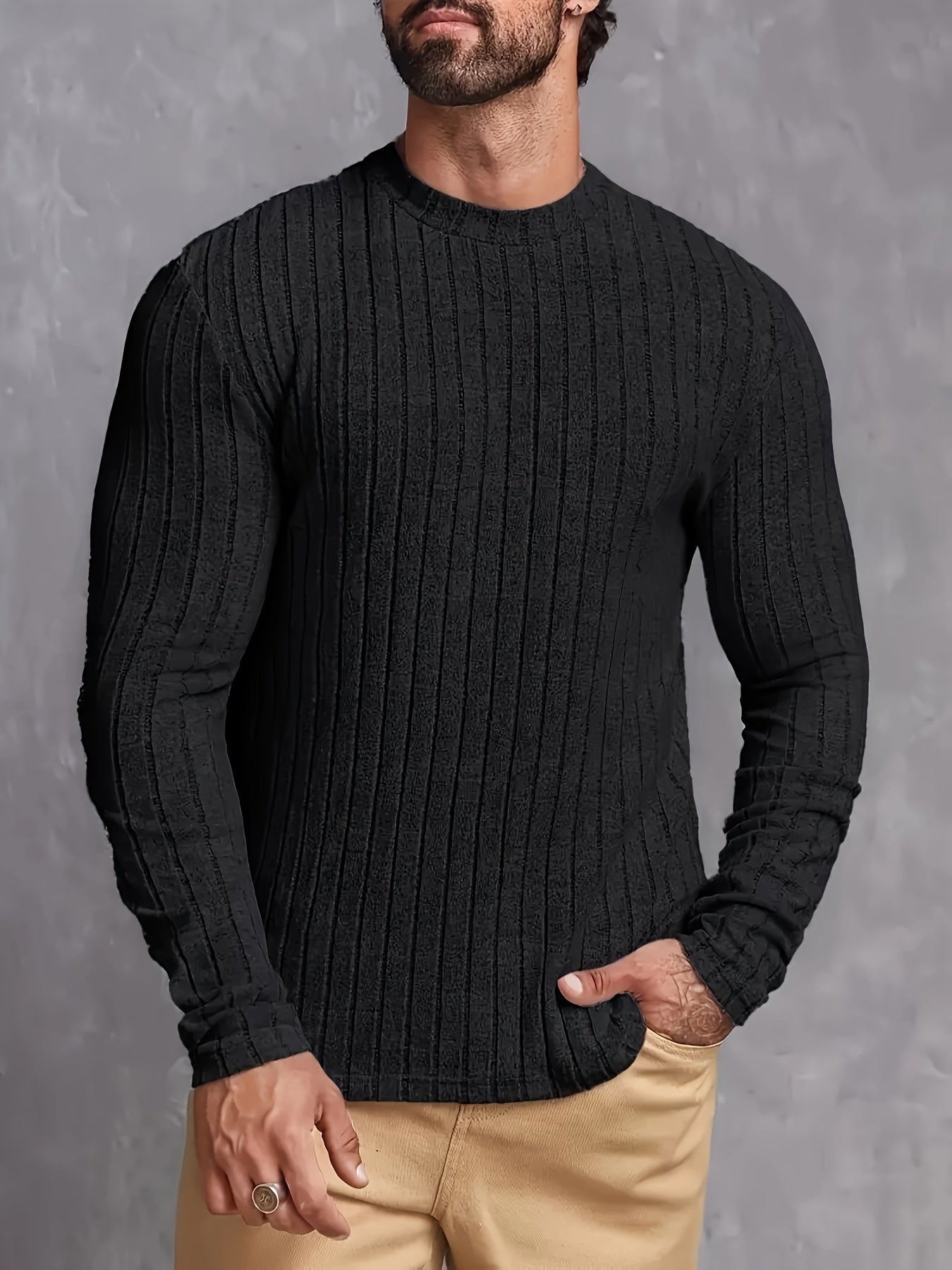 Solid Stripe Pattern Knit Crew Neck Long Sleeve T-shirt, Stretchable And Breathable Sports Tops For Men's Outdoors And Sports Wear