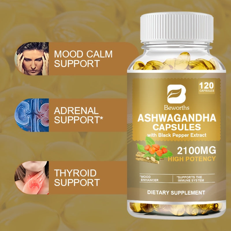 Worths Ashwagandha Capsules 1300mg with Black Pepper - Energy Support for Men & Women, 120 Capsules