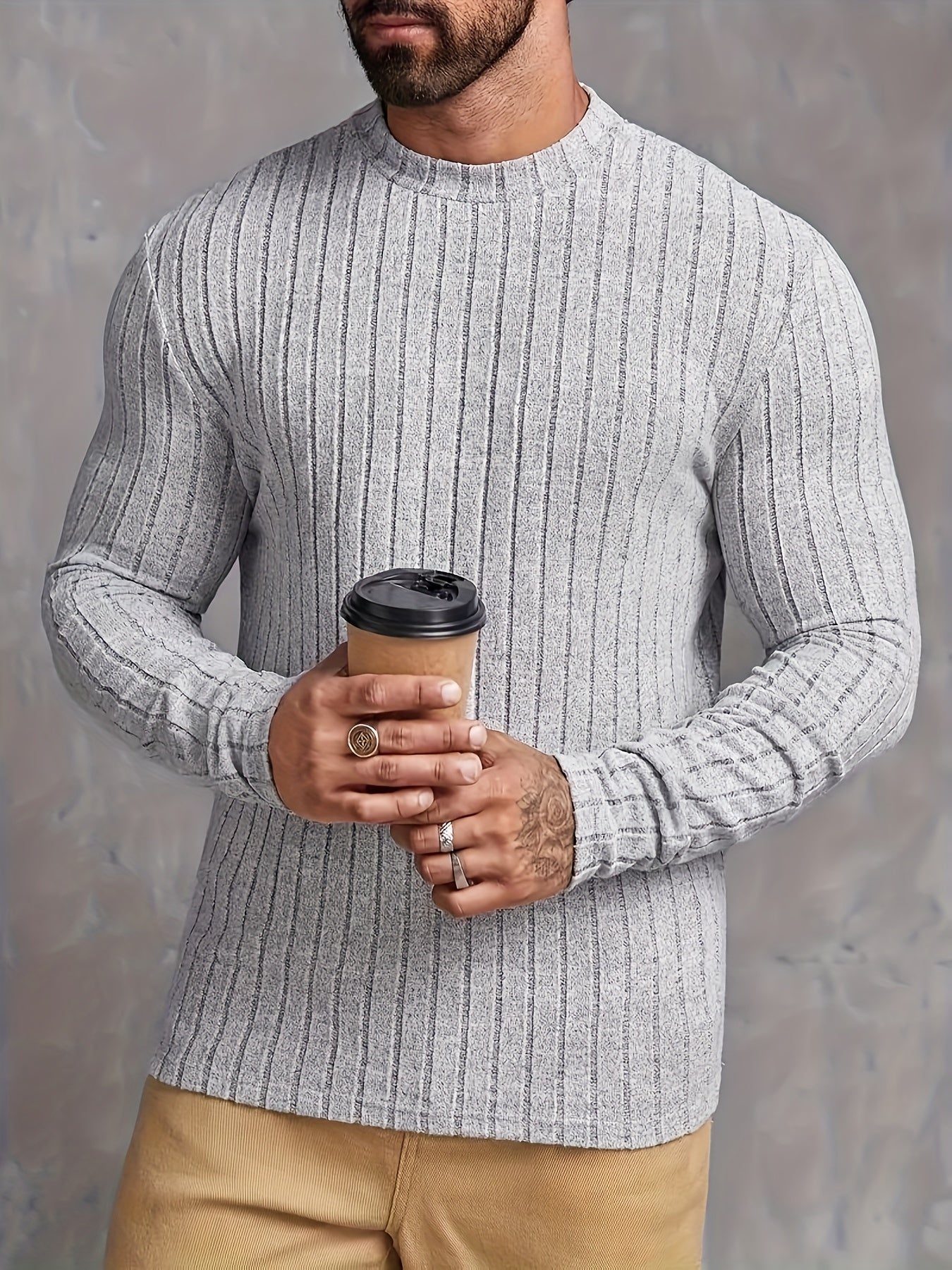 Solid Stripe Pattern Knit Crew Neck Long Sleeve T-shirt, Stretchable And Breathable Sports Tops For Men's Outdoors And Sports Wear