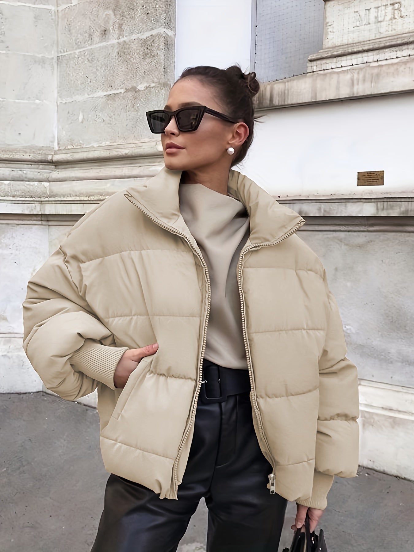 Solid Color Stand Collar Stylish Puffer Coat, Casual Thermal Zip Up Long Sleeve Outerwear With Pocket For Winter, Women's Clothing