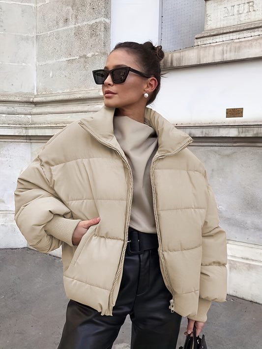 Solid Color Stand Collar Stylish Puffer Coat, Casual Thermal Zip Up Long Sleeve Outerwear With Pocket For Winter, Women's Clothing
