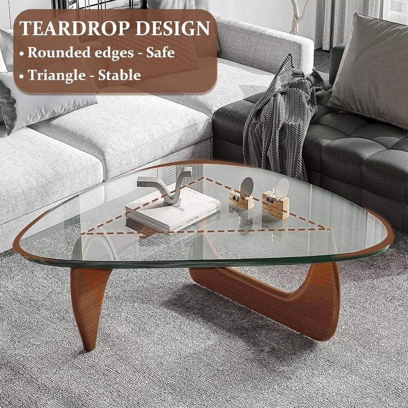 Quality MCM Mid-Century Modern Coffee Table - Triangle Glass Top Natural Wood Base Triangle Coffee Table for Office, Living Room, Bedroom, Patio Office Abstract End Tables