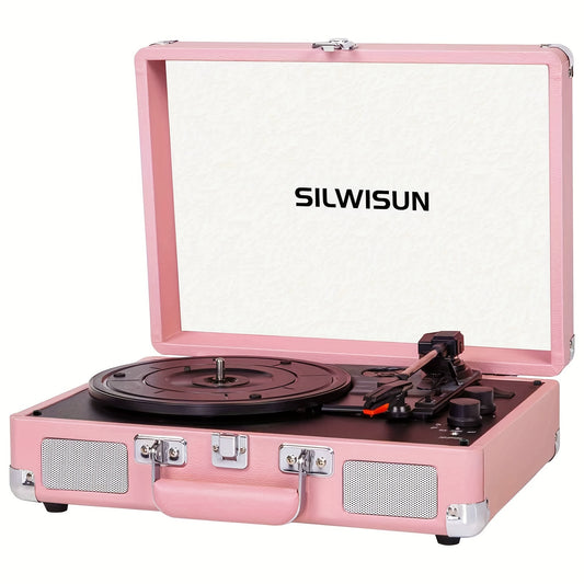 Vinyl Record Player 3 Speed Turntable With BT, Built In Battery, Portable Suitcase, Built In Speakers, 3.5mm Headphone Jack Aux In/RCA Out Pink, Retro Music