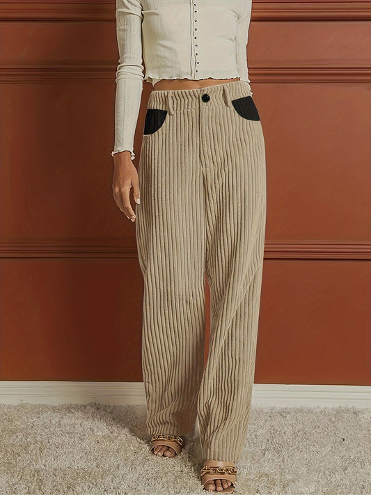 Ribbed Button Front Wide Leg Pants, Casual High Waist Pants, Women's Clothing