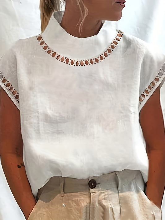 Elegant Summer Lace Trim Bubble Sleeve T-Shirt for Women - Round Neck, Short Sleeve, Solid Color, Casual Style, Lightweight Polyester Blend, Perfect for Spring & Summer Outfits, Lace Blouse Konno Toki