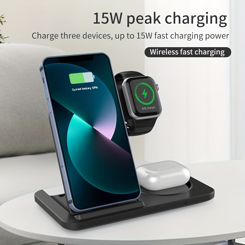 New 3-in-1 Fast Wireless Charger Stand for iPhone, Apple Watch, and AirPods - Compatible with iPhone 14/13/12/11 Pro MINI MAX XS 8 Plus, Apple Watch Series 8/7/6/SE/5/4/3/2, and AirPods 3/2/Pro - Perfect for Home and Office Use - Great Gift Idea