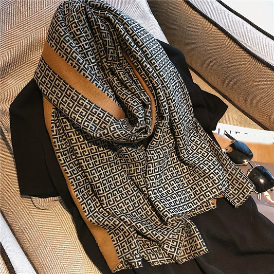 Unique Geometric Printed Scarf Stylish Gentle Thin Cotton Linen Feeling Shawl Spring Summer Outdoor Sunscreen Scarf