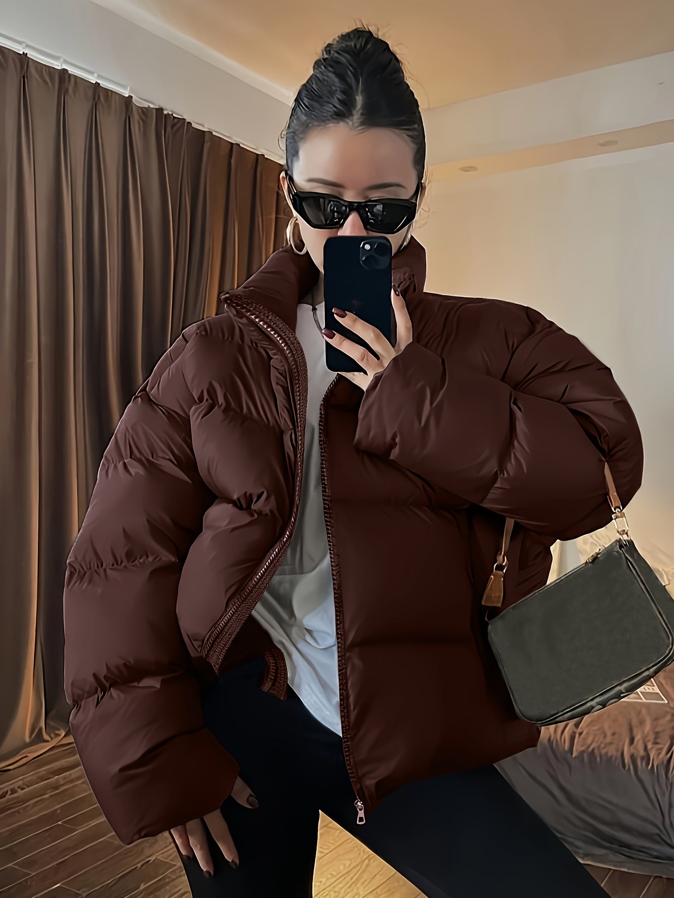 Women's Outer Solid Color Padded Puffer Jacket With Stand Collar, Comfortable, Fashionable, Elegant, Suitable For Autumn And Winter Wear